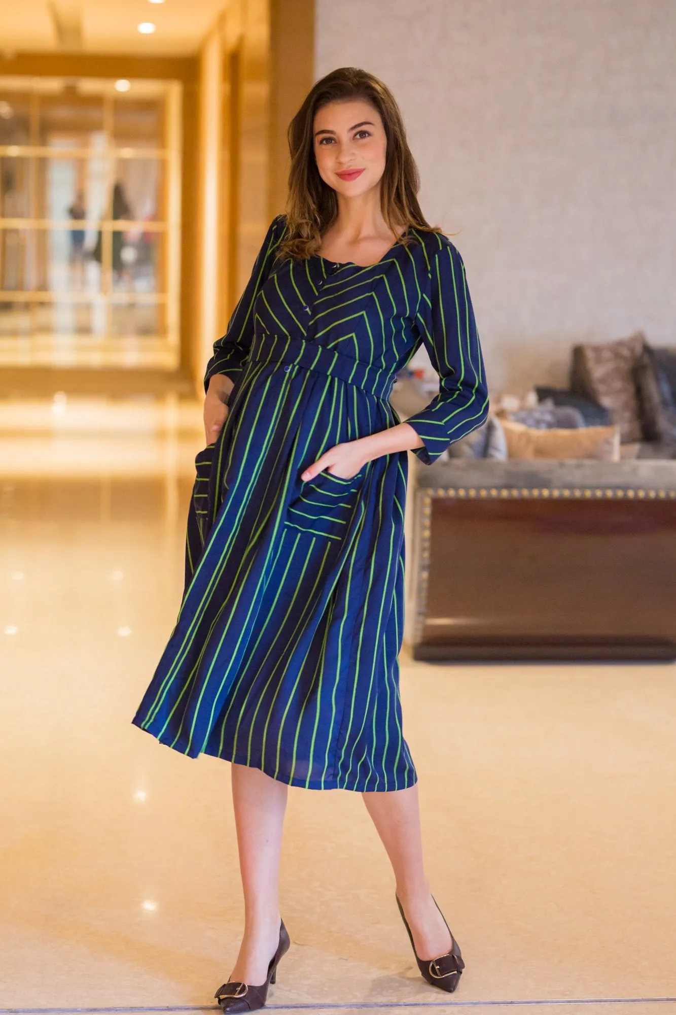 Alice Green Striped Maternity & Nursing Pocket Dress