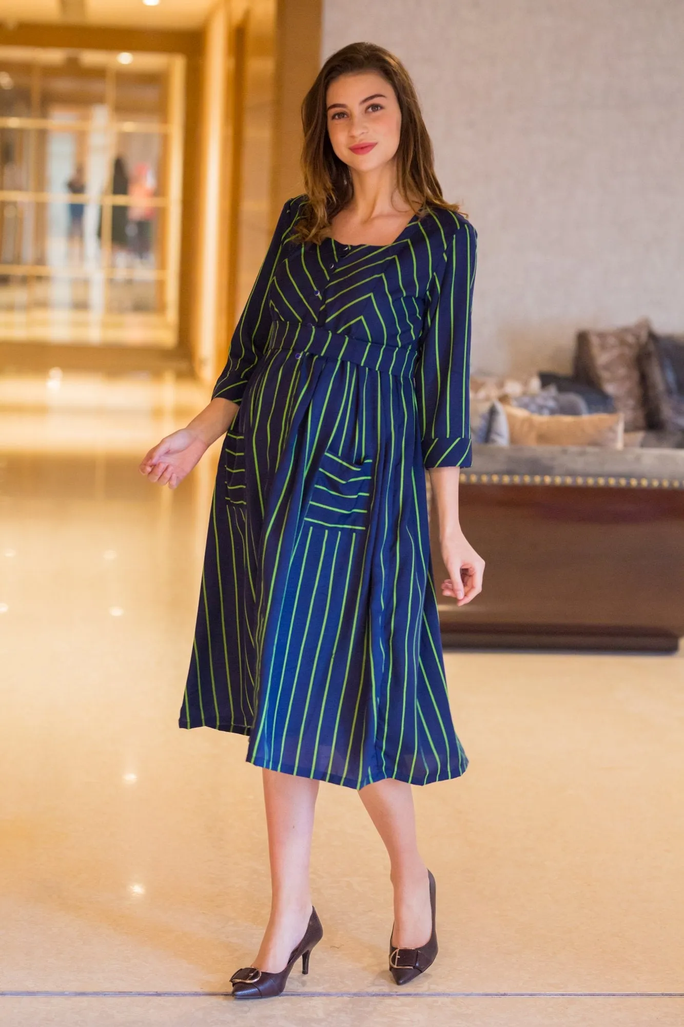 Alice Green Striped Maternity & Nursing Pocket Dress