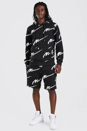 All Over MAN Printed Hooded Short Tracksuit | boohooMAN UK