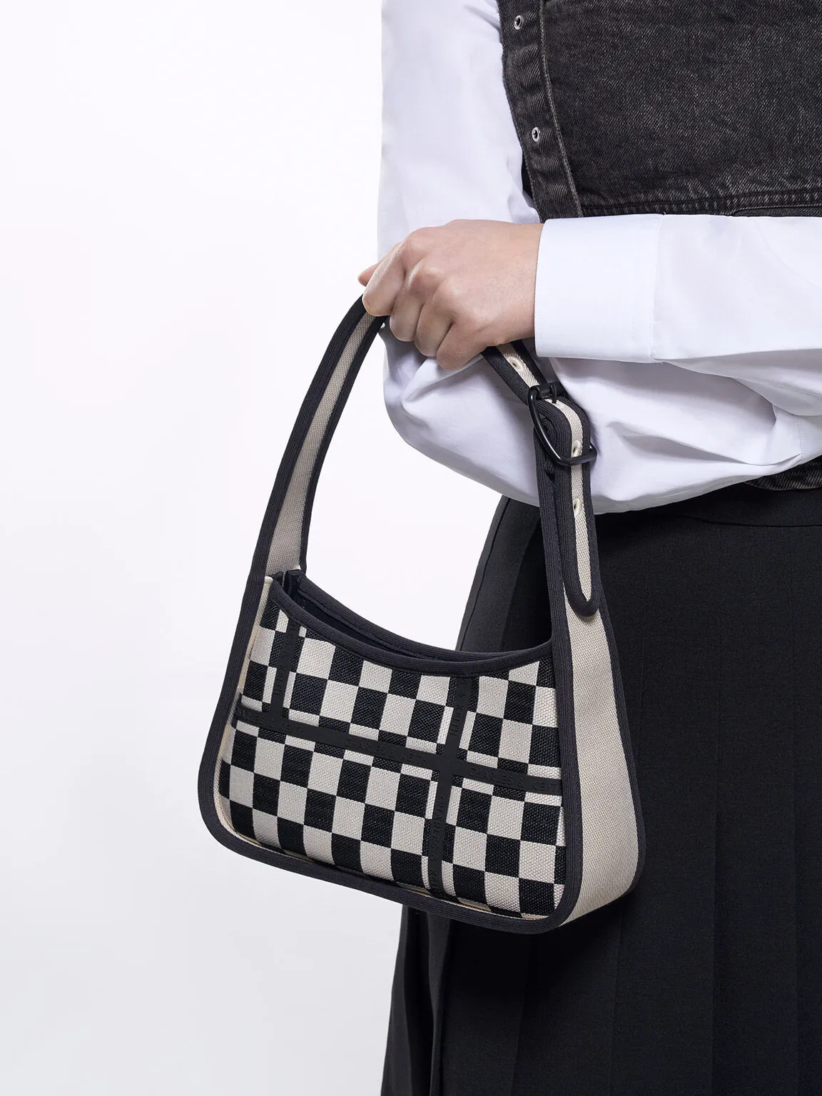 Avenue Checkered Trapeze Shoulder Bag - Black Textured