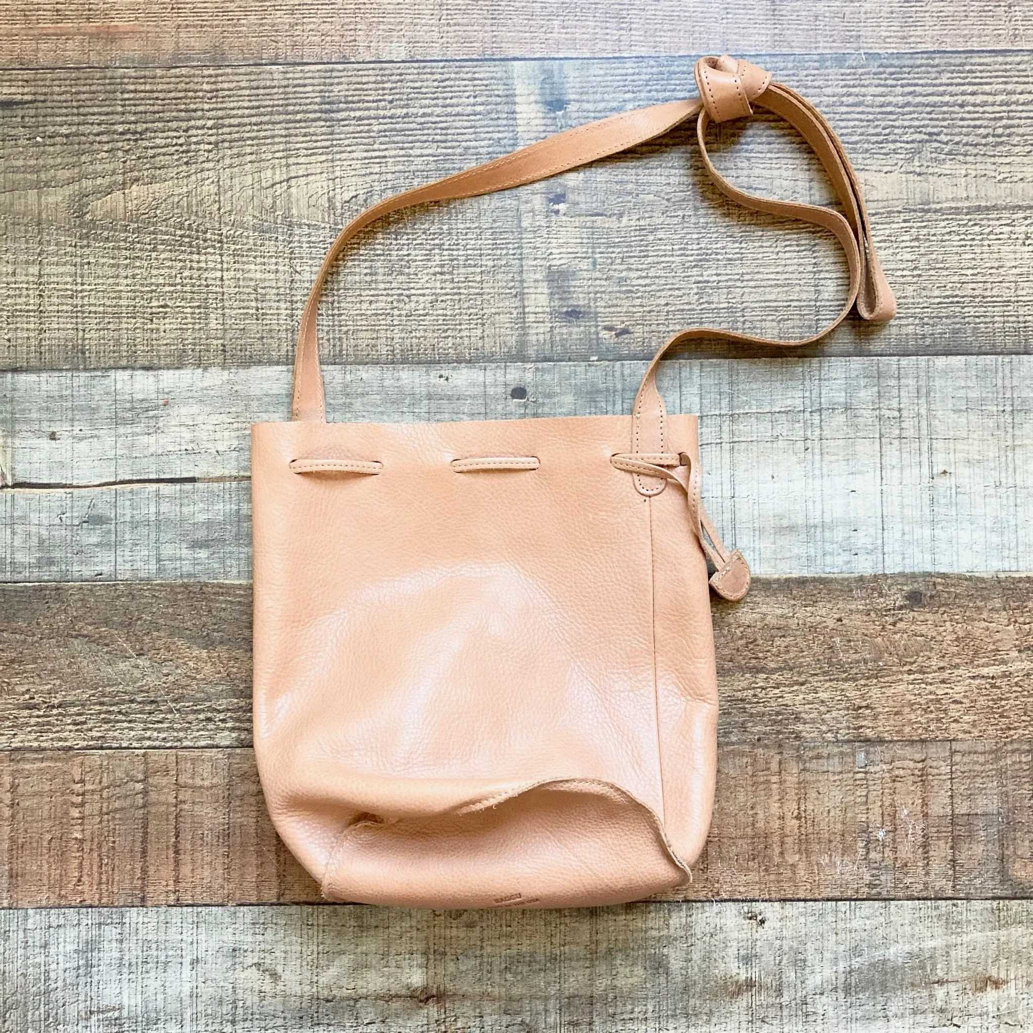 Baggu Tan Milled Leather Drawstring Bucket Bag (see notes)