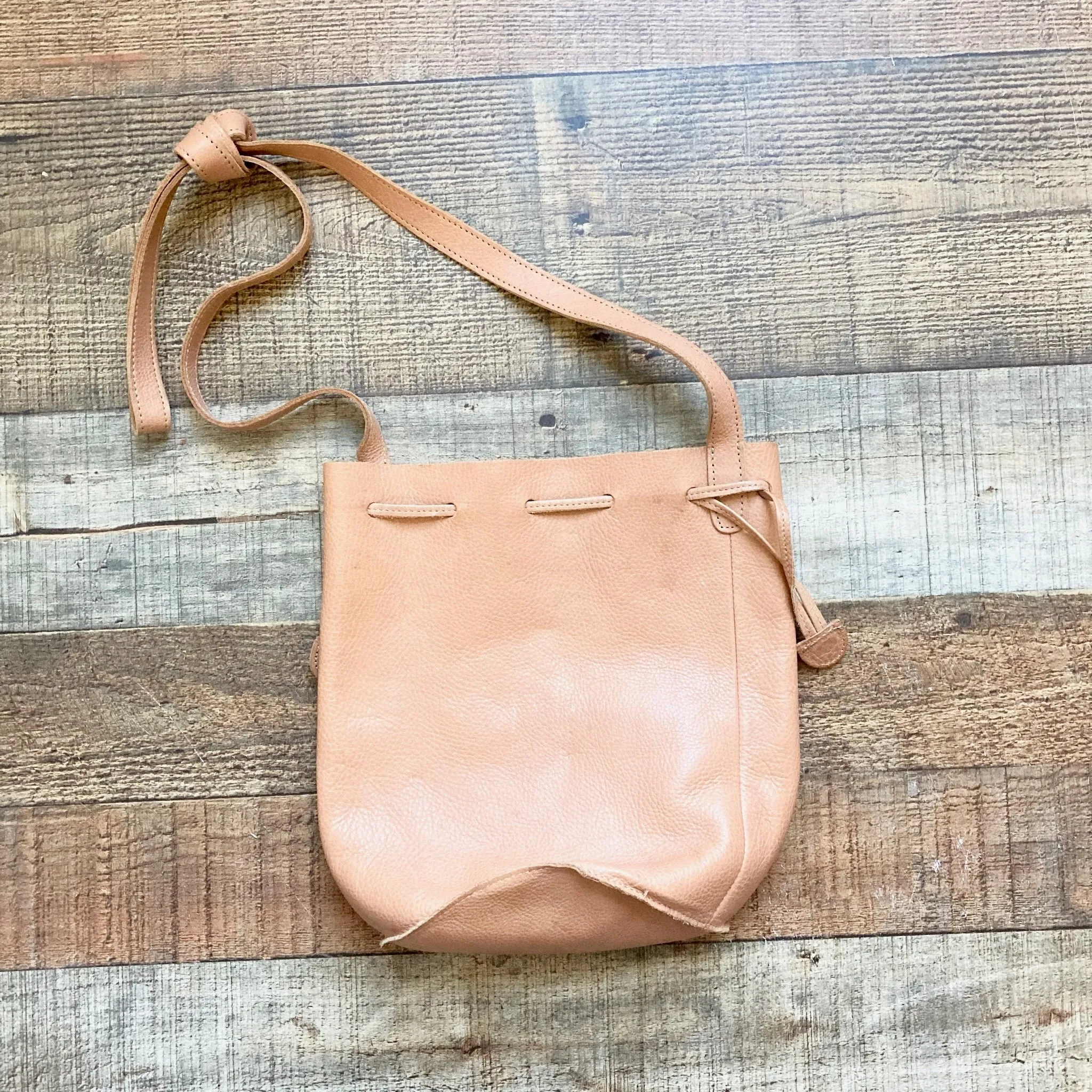 Baggu Tan Milled Leather Drawstring Bucket Bag (see notes)