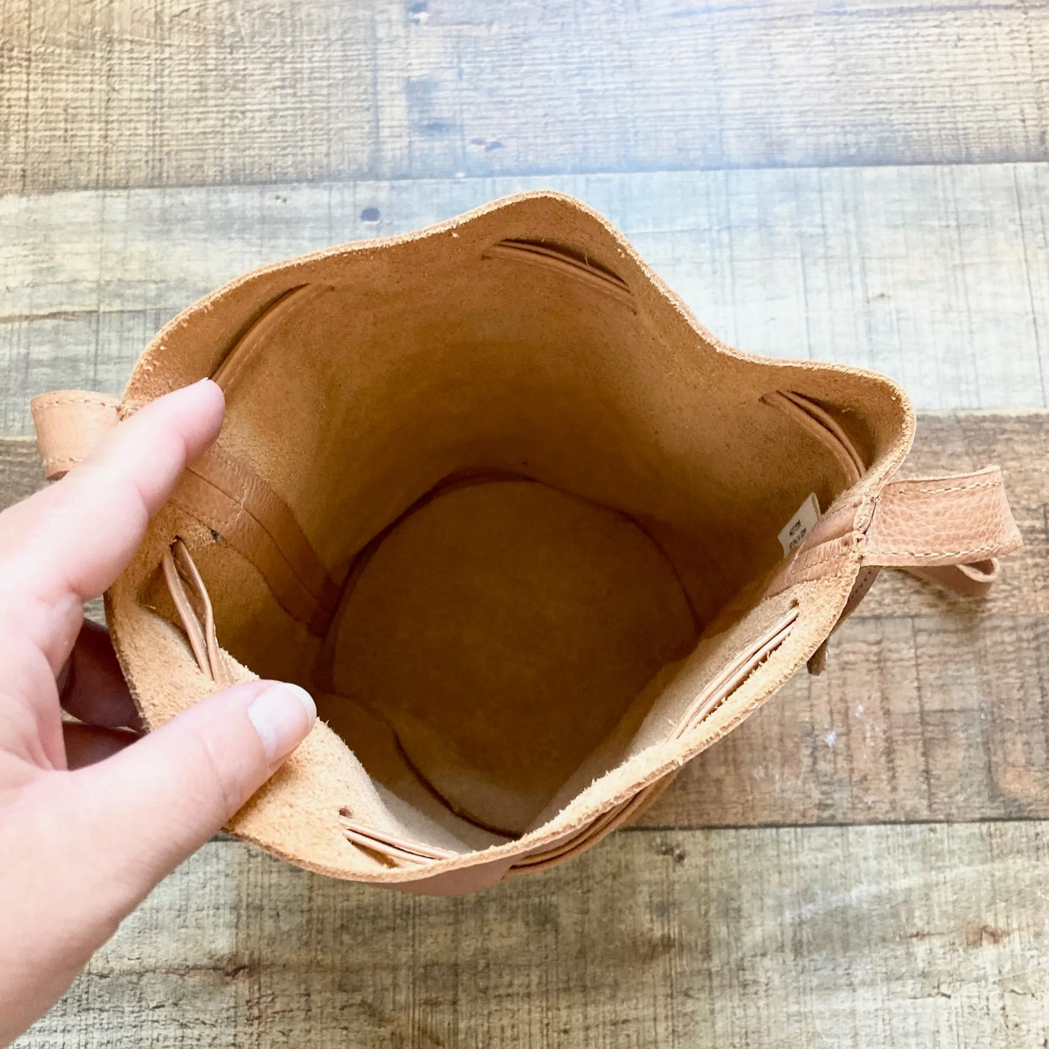 Baggu Tan Milled Leather Drawstring Bucket Bag (see notes)