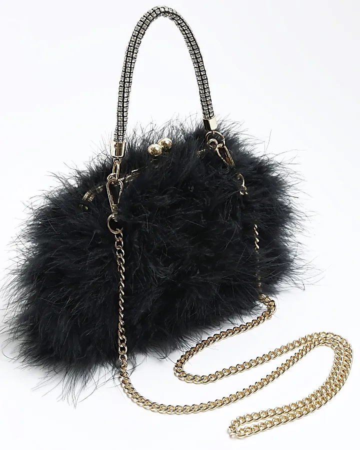 Black Feather Clip Top Cross Body Bag