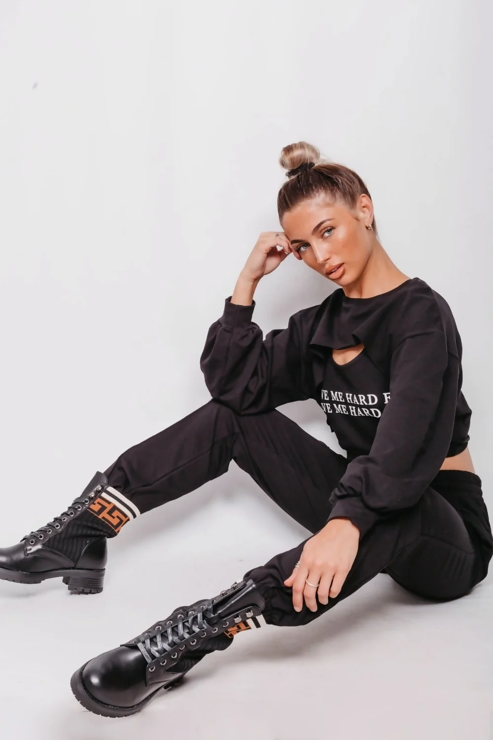 Black Love Me Harder Slogan Crop Top 3 Piece Tracksuit