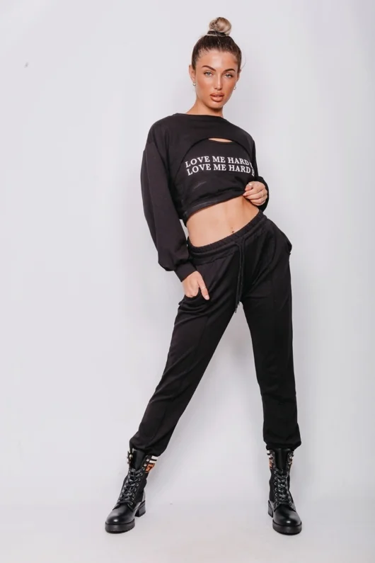 Black Love Me Harder Slogan Crop Top 3 Piece Tracksuit