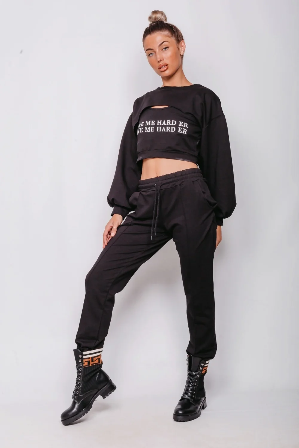 Black Love Me Harder Slogan Crop Top 3 Piece Tracksuit