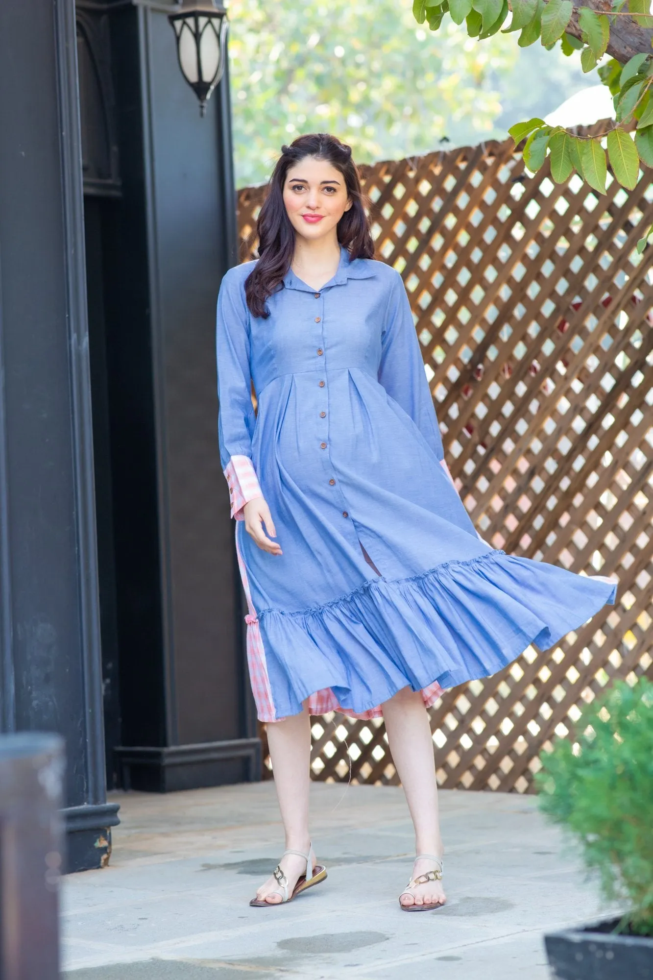 Blue Pink Cotton Maternity & Nursing Dress