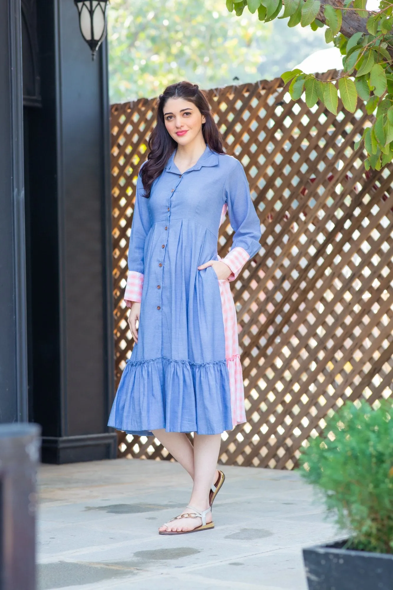 Blue Pink Cotton Maternity & Nursing Dress