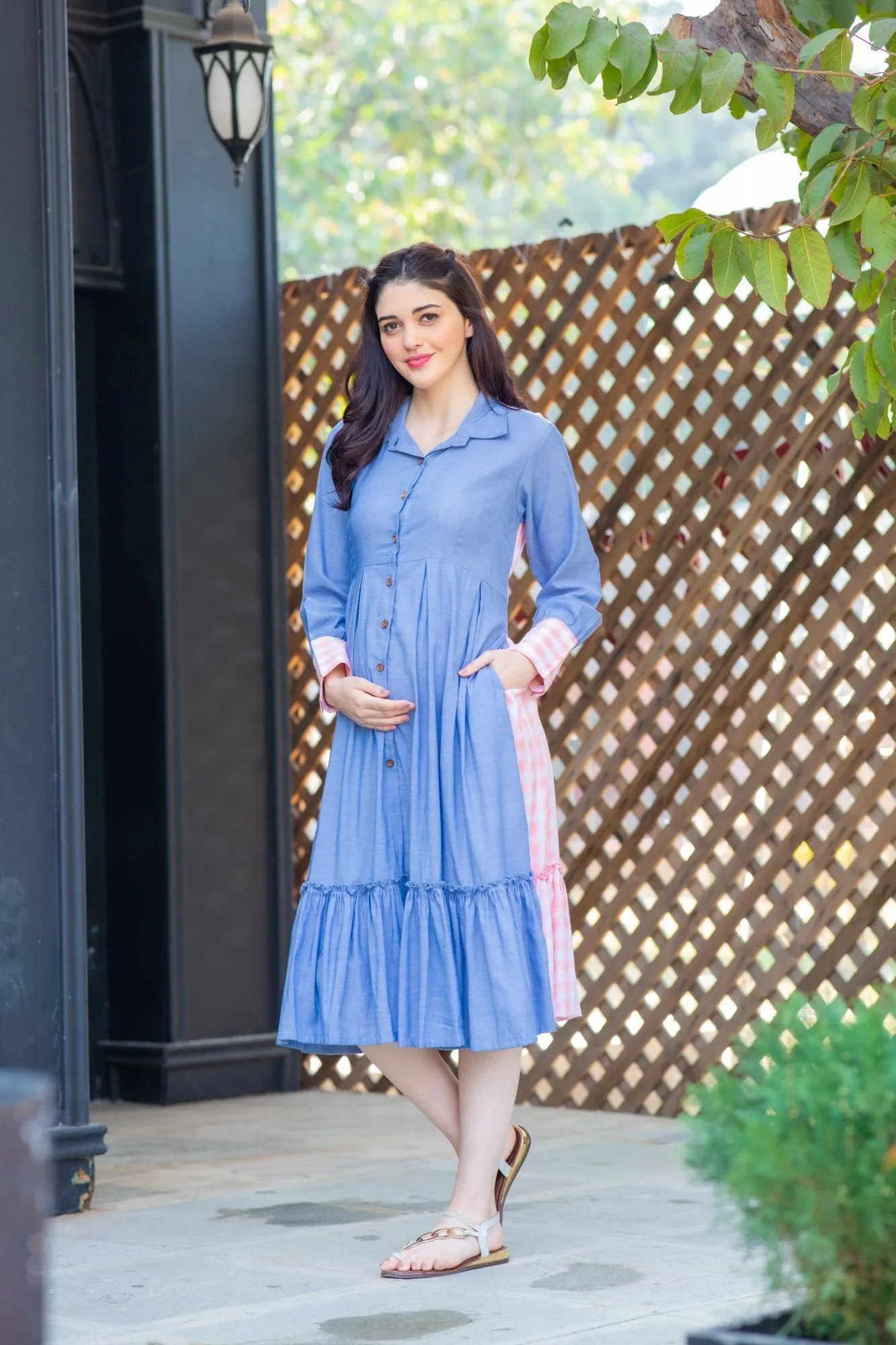 Blue Pink Cotton Maternity & Nursing Dress