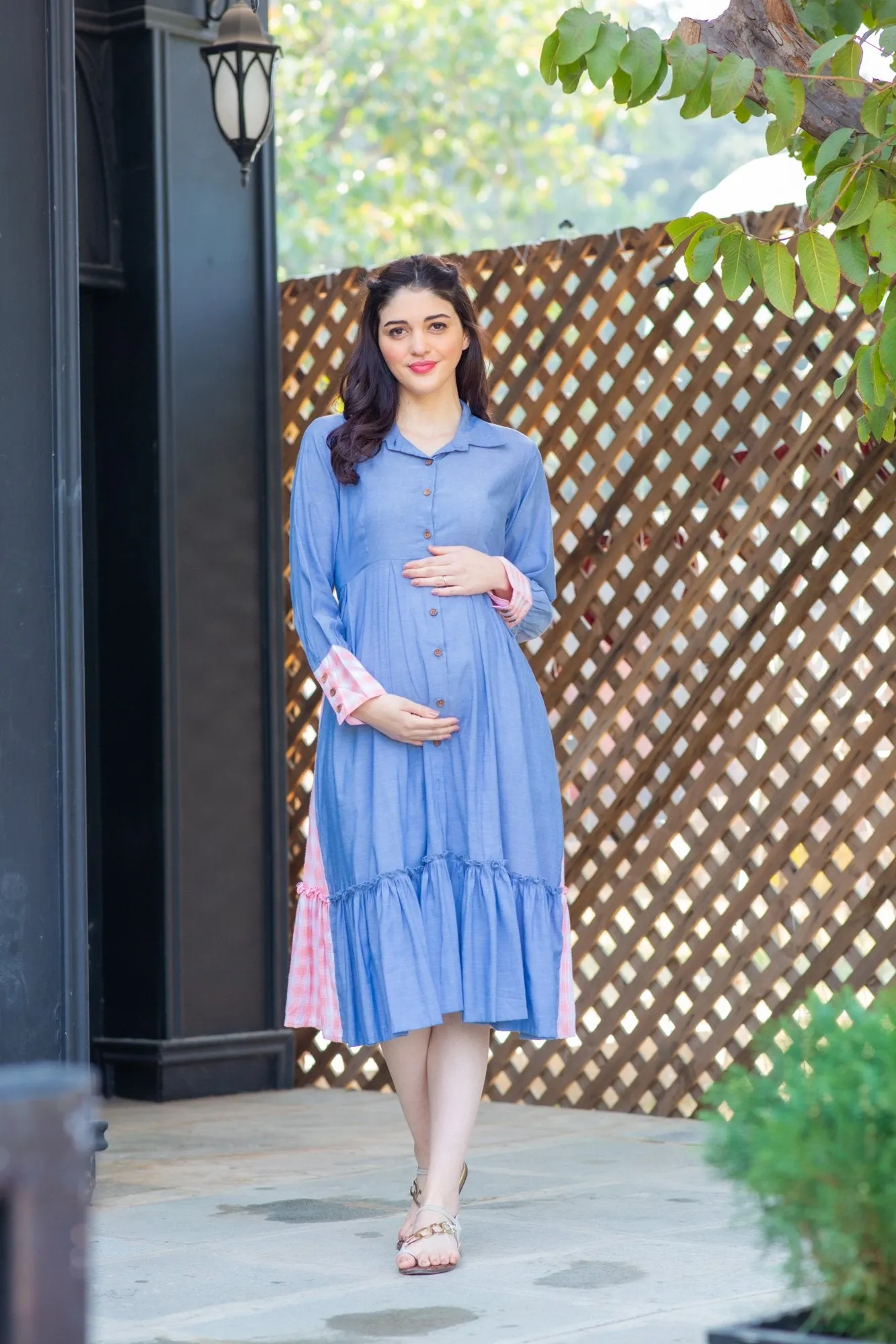 Blue Pink Cotton Maternity & Nursing Dress