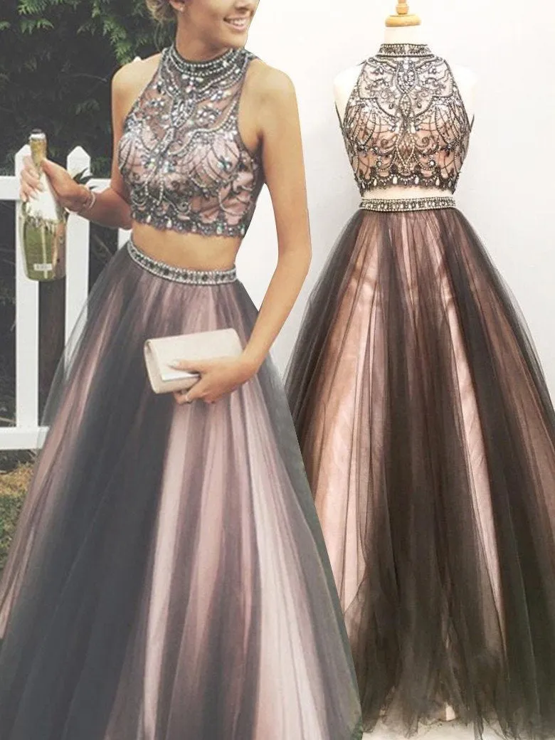 Brown Two Piece Prom Dress Long Prom Dress Poofy Prom Dress for Teens