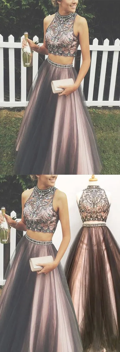 Brown Two Piece Prom Dress Long Prom Dress Poofy Prom Dress for Teens