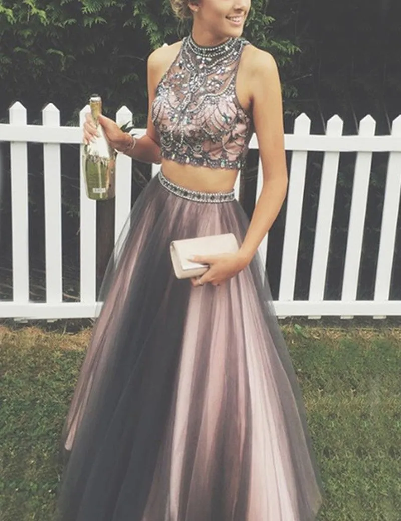 Brown Two Piece Prom Dress Long Prom Dress Poofy Prom Dress for Teens