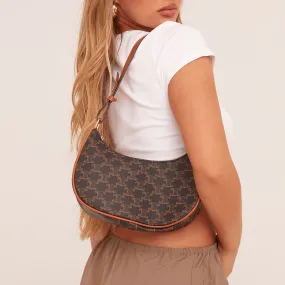 Ciao Printed Logo Detail Shaped Shoulder Bag In Black And Tan Faux Leather