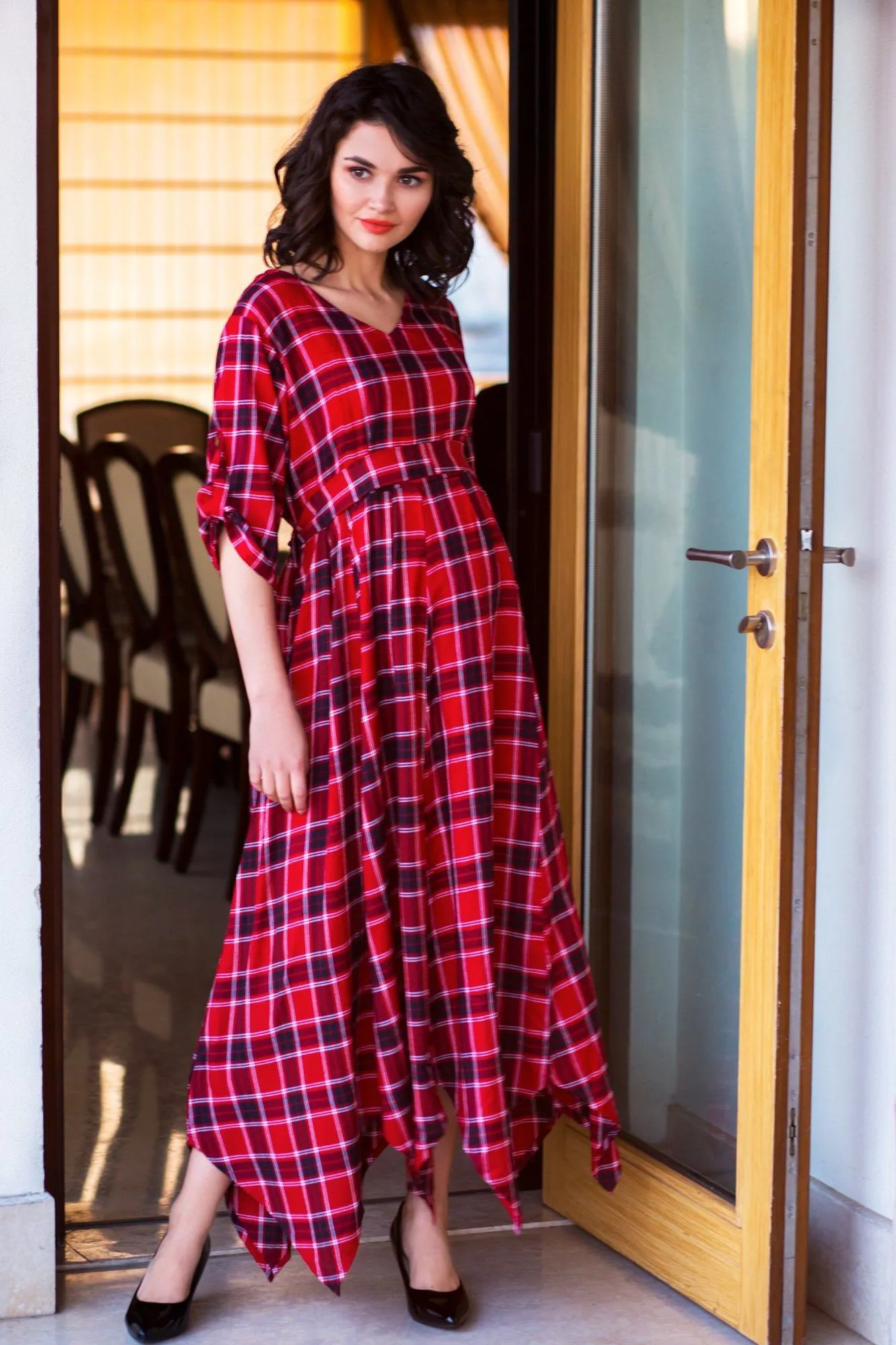 Classic Chic Red Plaid Maternity & Nursing Maxi