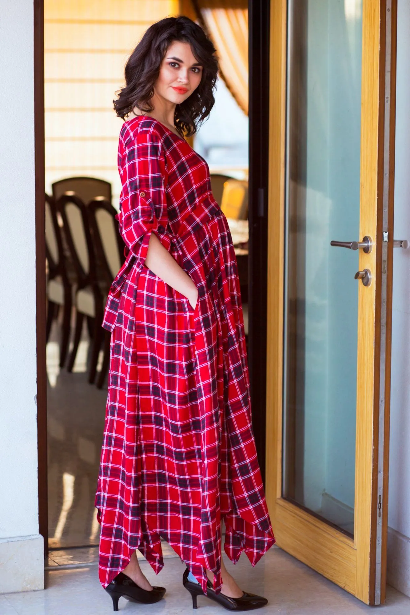 Classic Chic Red Plaid Maternity & Nursing Maxi