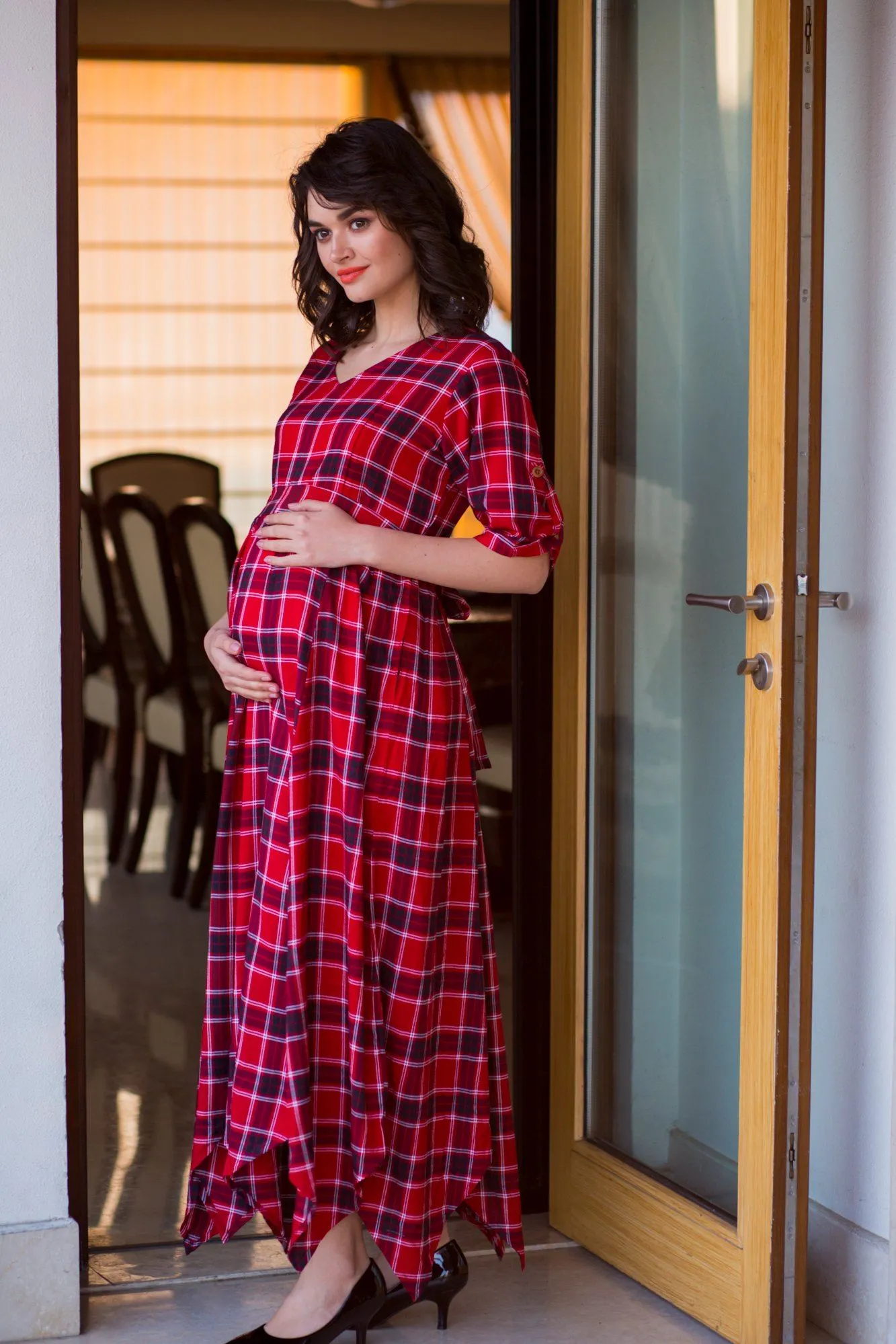 Classic Chic Red Plaid Maternity & Nursing Maxi