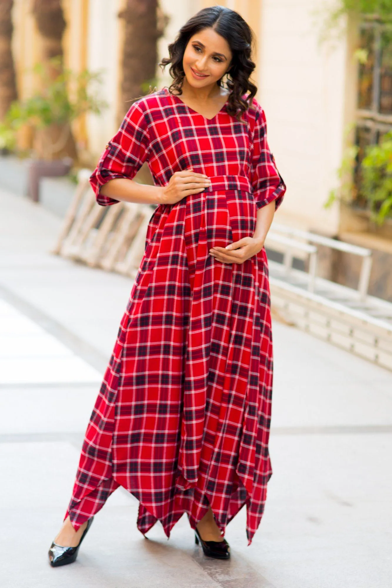 Classic Chic Red Plaid Maternity & Nursing Maxi