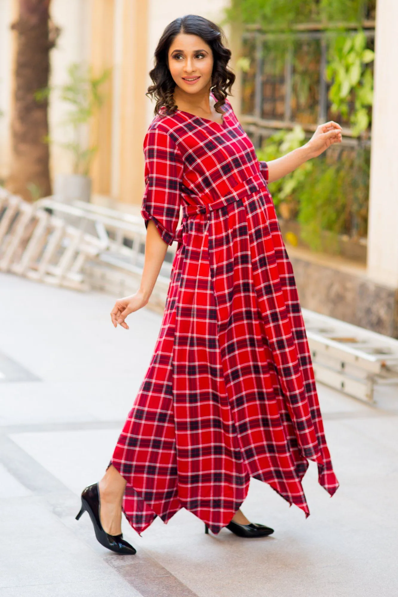 Classic Chic Red Plaid Maternity & Nursing Maxi