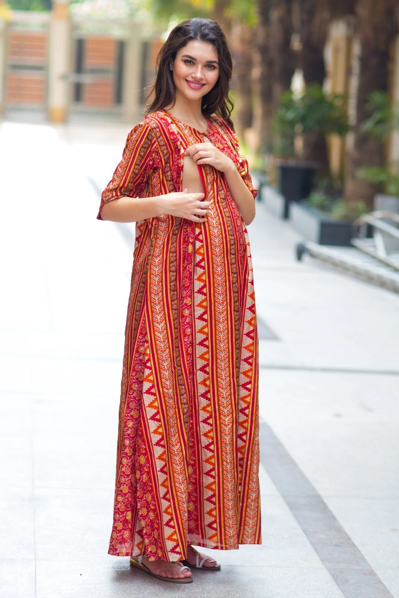 Classical Orange Side Slit Maternity & Feeding Dress