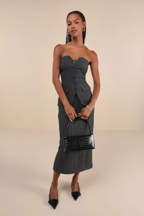 Composed Style Grey Pinstriped Strapless Vest Midi Dress