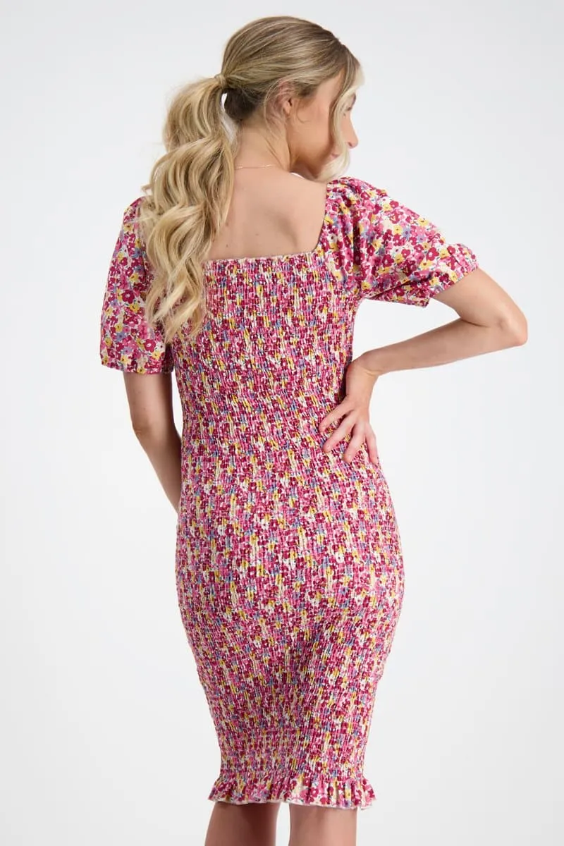 Confetti Shirred Maternity Dress in Pink