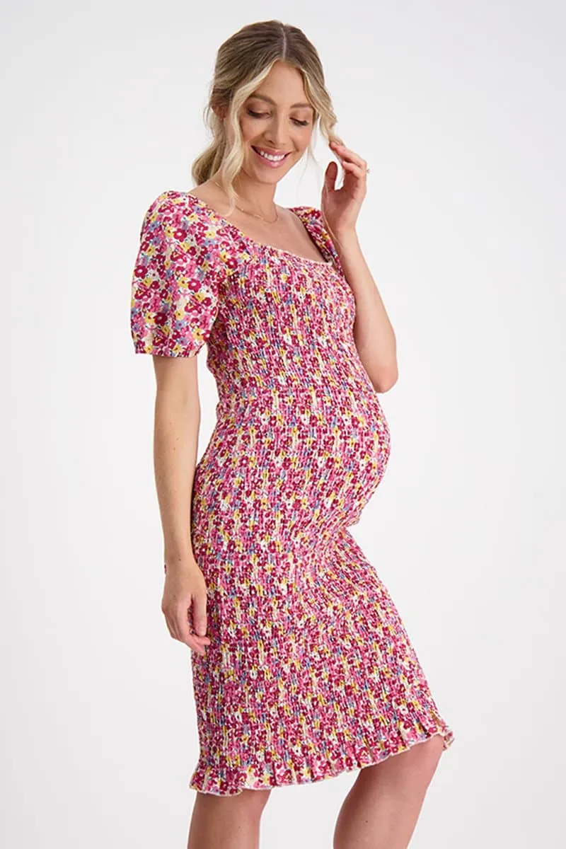 Confetti Shirred Maternity Dress in Pink