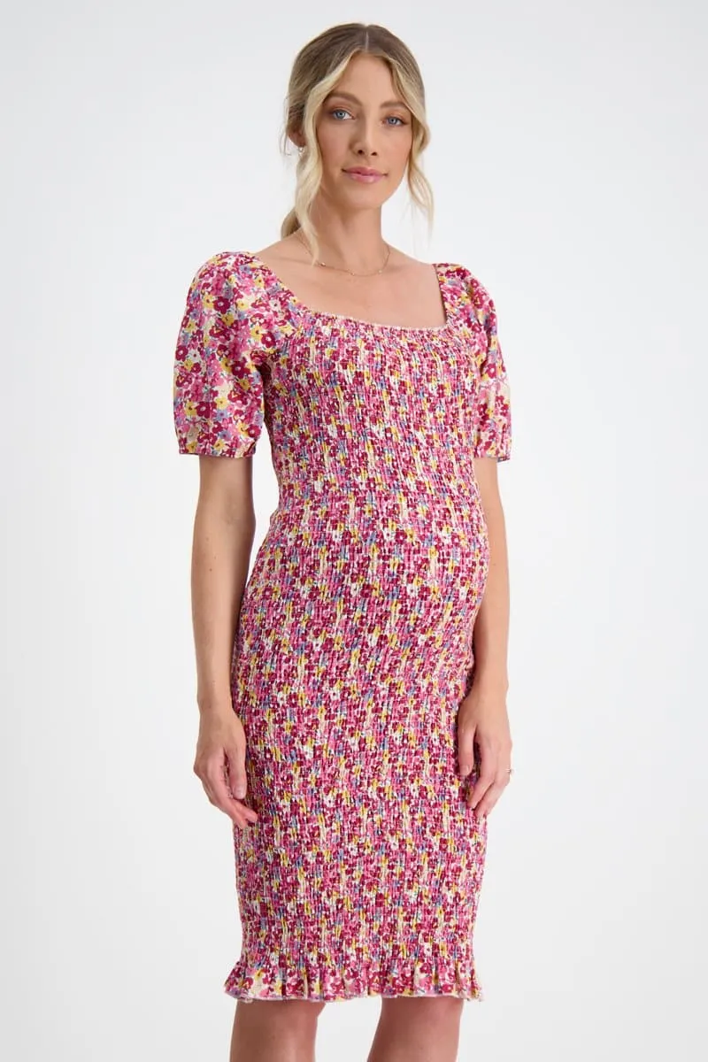 Confetti Shirred Maternity Dress in Pink