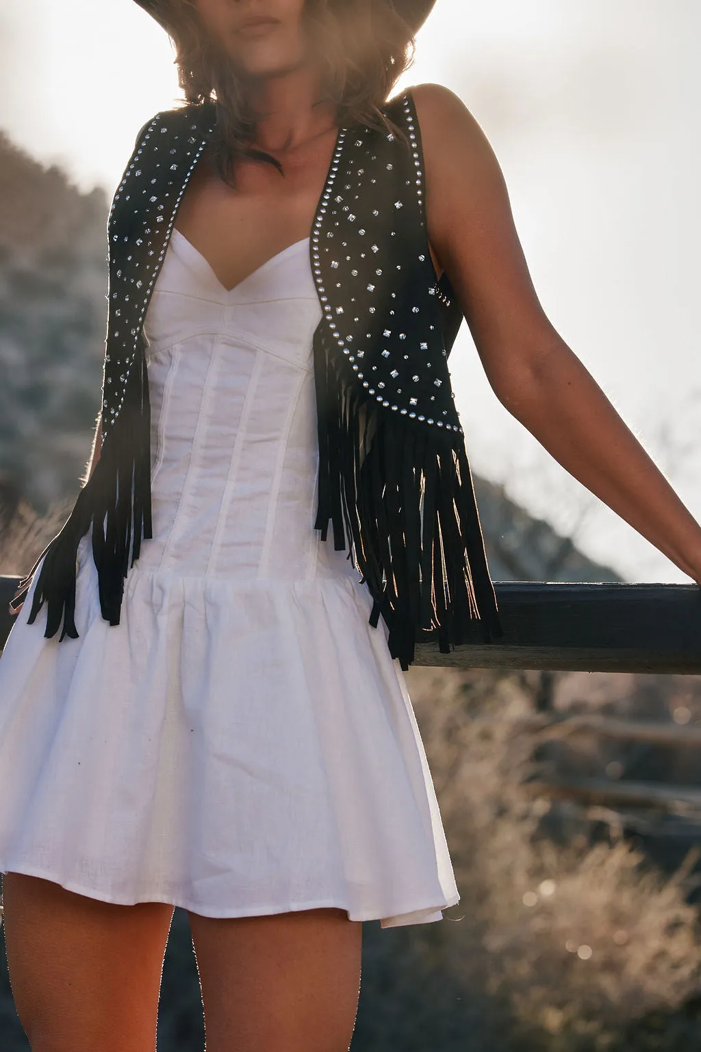 Dixie Black Rhinestone Suede Fringe Vest