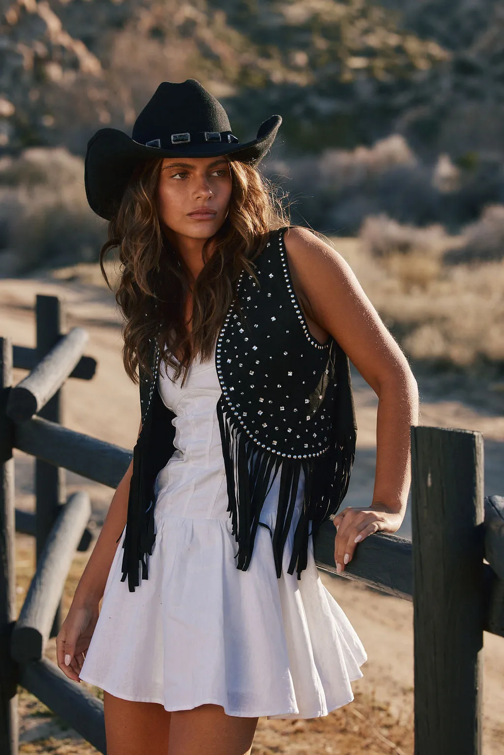 Dixie Black Rhinestone Suede Fringe Vest