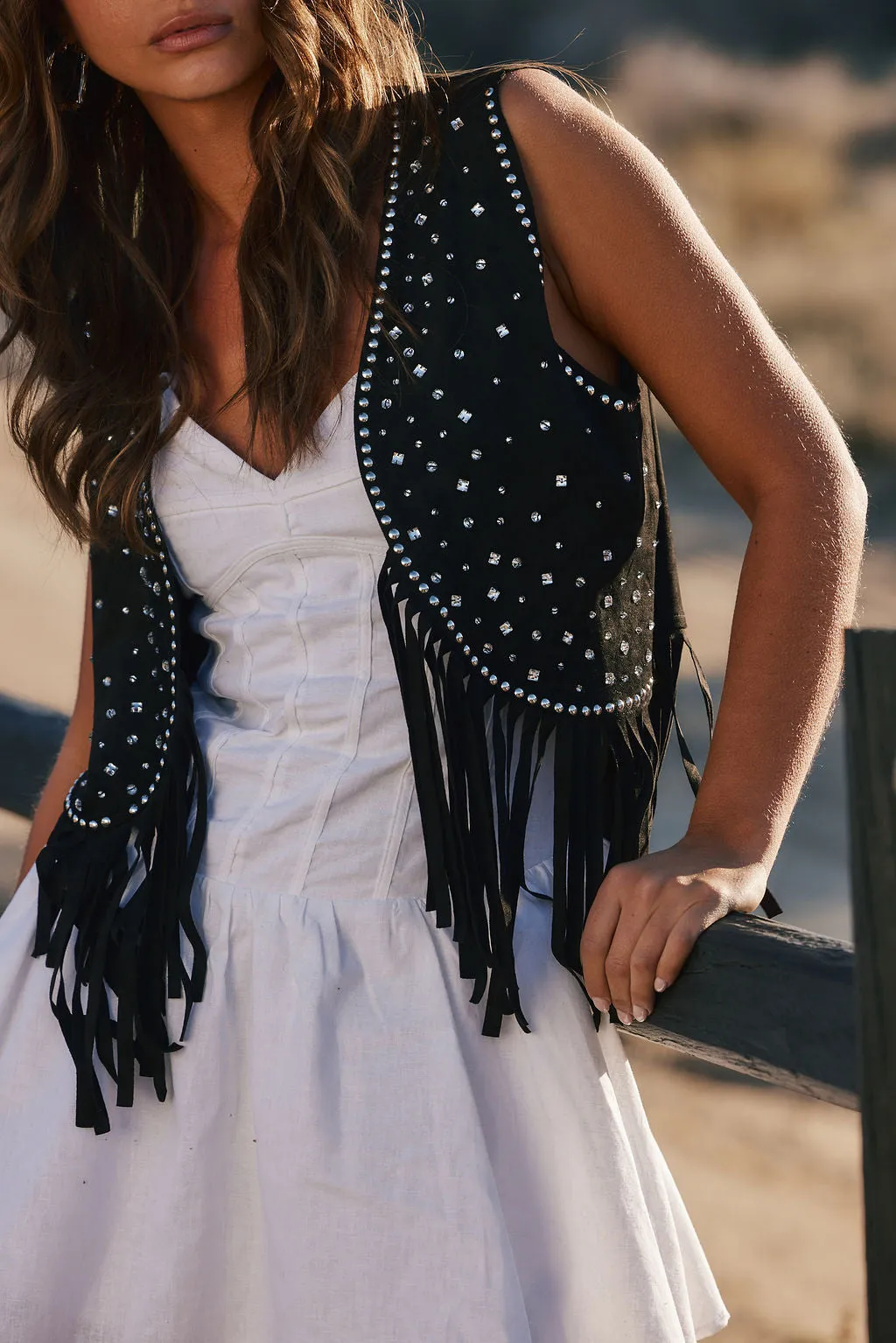 Dixie Black Rhinestone Suede Fringe Vest