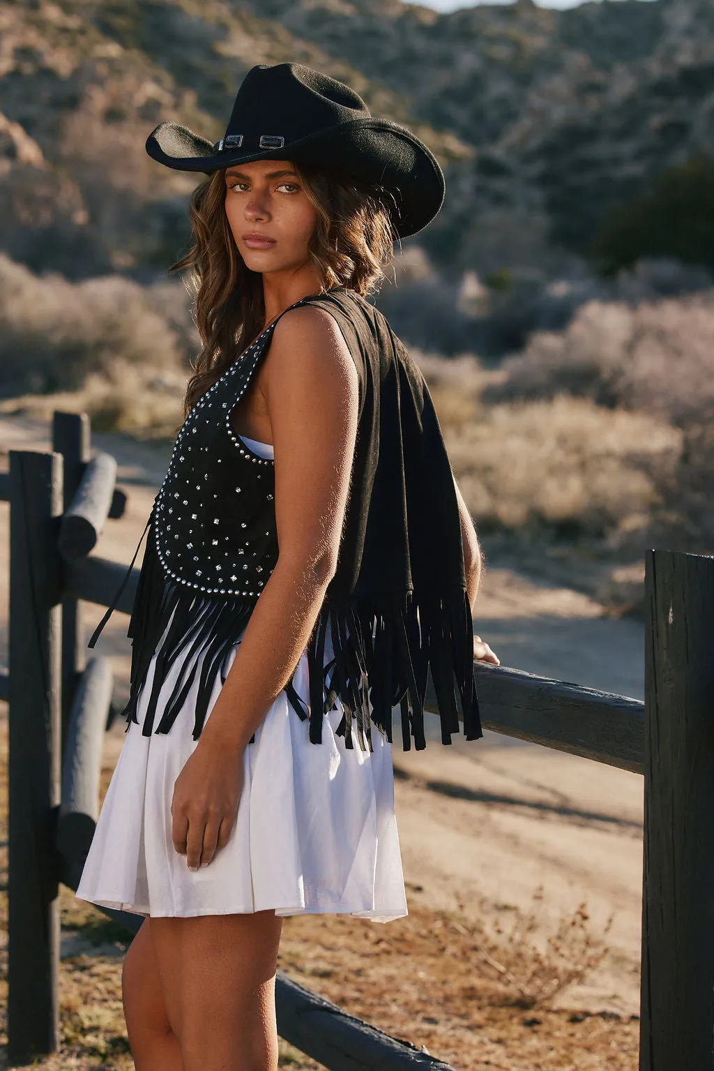 Dixie Black Rhinestone Suede Fringe Vest