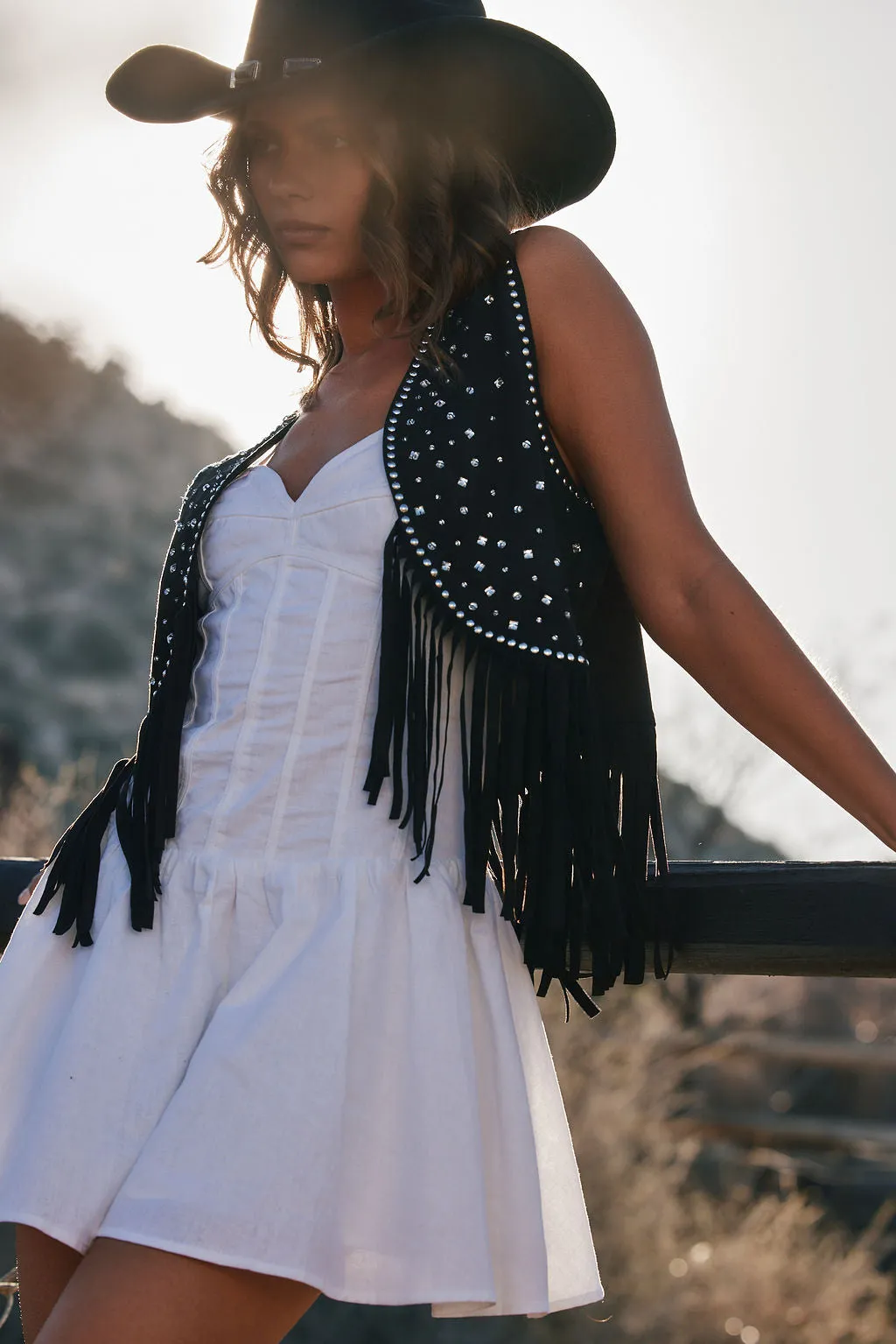 Dixie Black Rhinestone Suede Fringe Vest