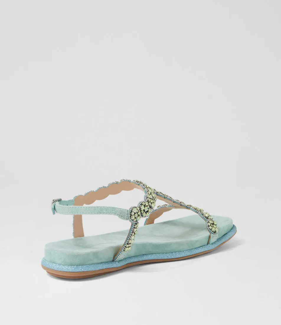 DJANGO & JULIETTE Yori Aquamarine Suede Jewels Sandals