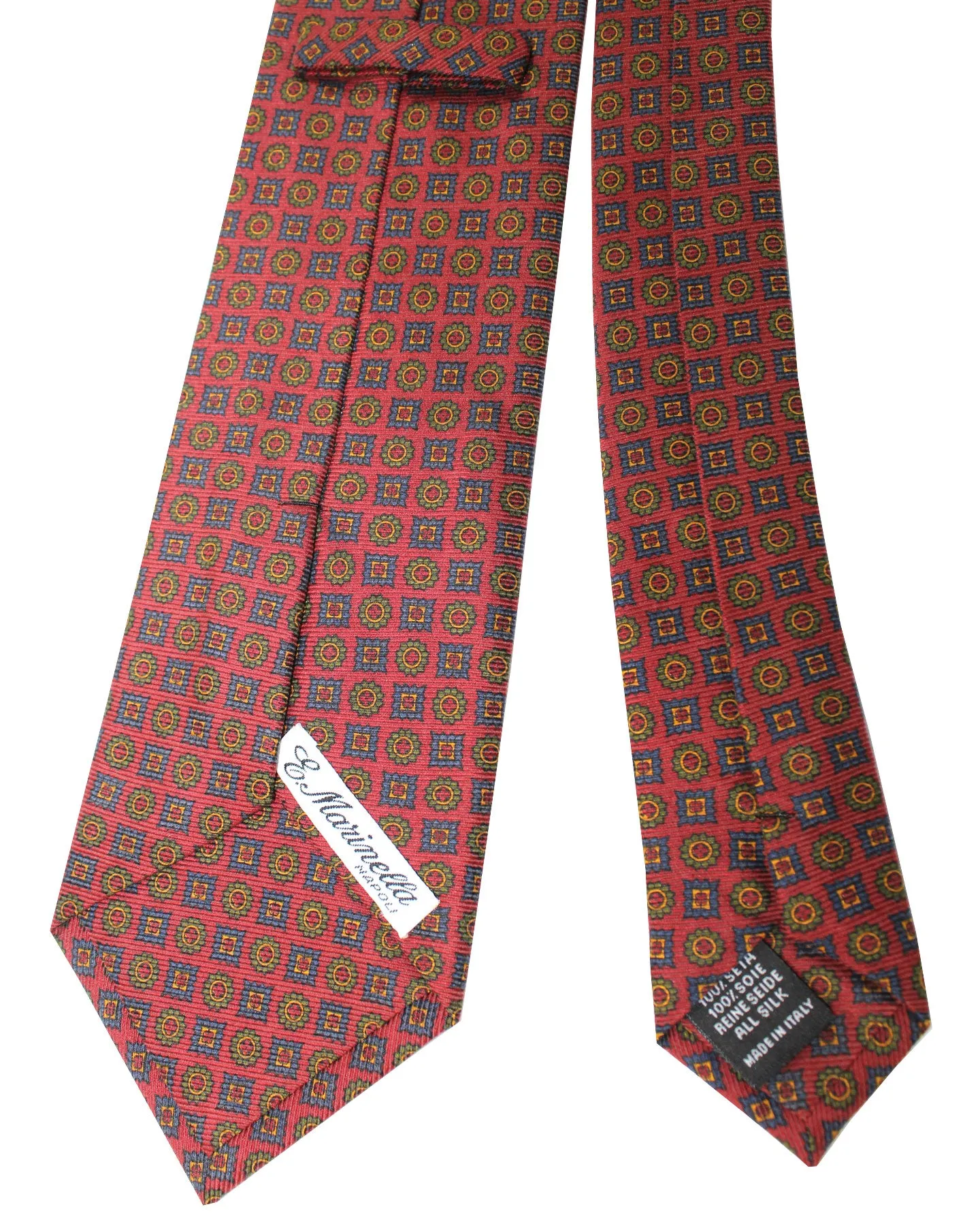 E. Marinella Tie Brown Blue Green Medallions Design - Wide Necktie