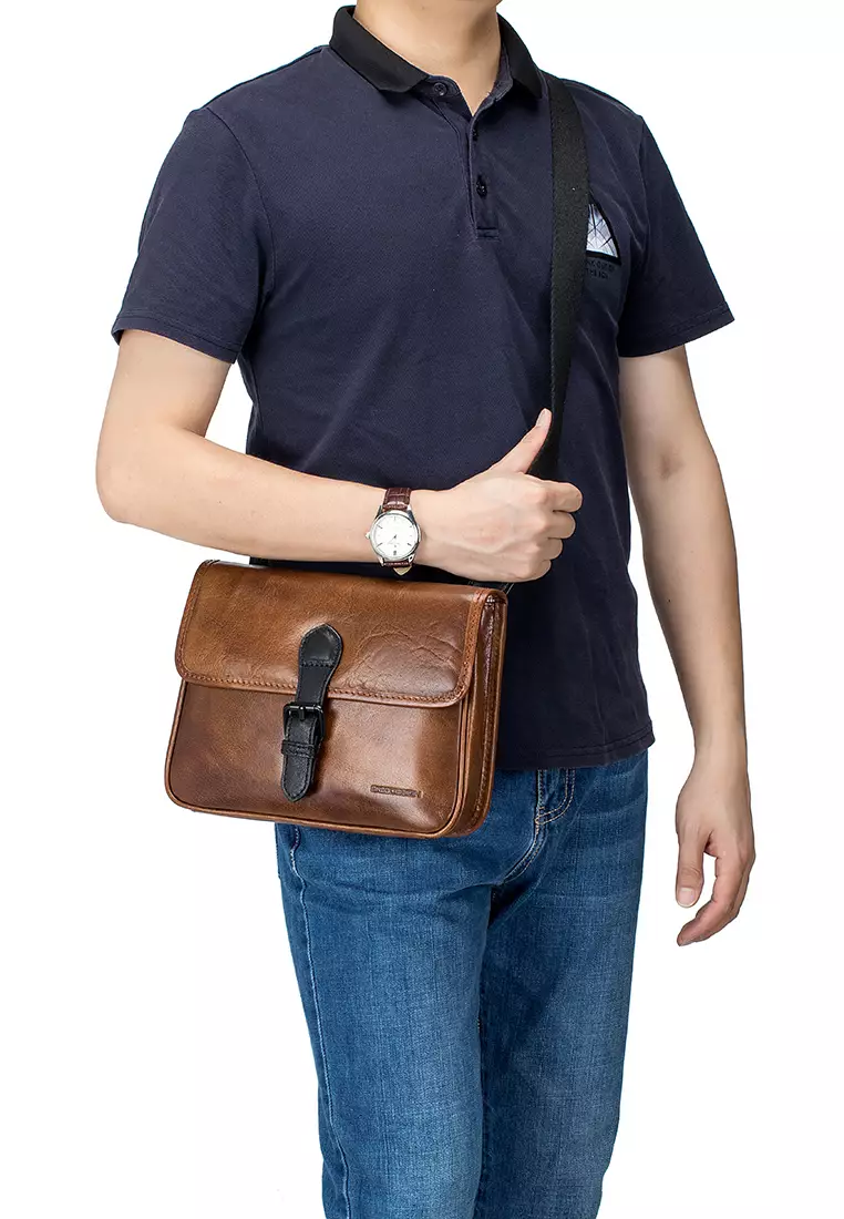 ENZODESIGN ENZODESIGN Vintage Buffalo Leather Mini Slim Shoulder Bag ( I-Pad Size) B13084-BRN