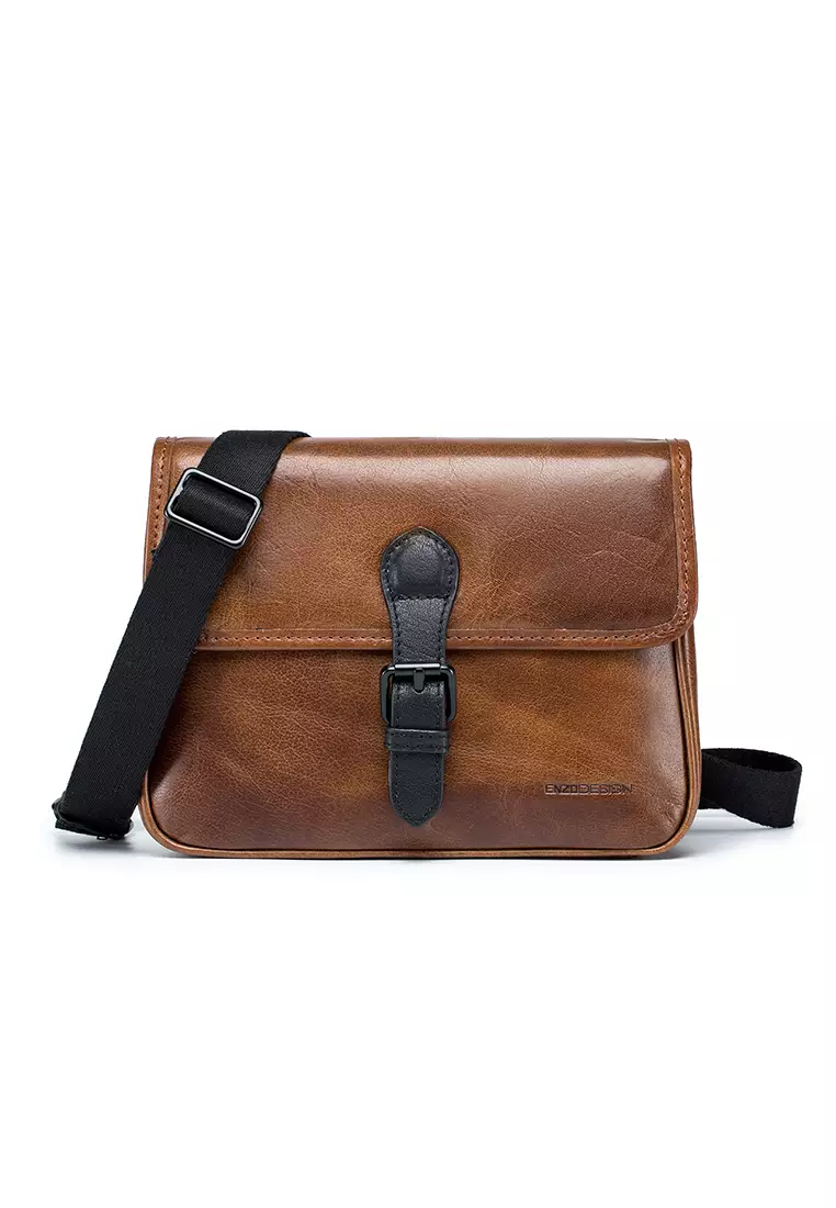 ENZODESIGN ENZODESIGN Vintage Buffalo Leather Mini Slim Shoulder Bag ( I-Pad Size) B13084-BRN