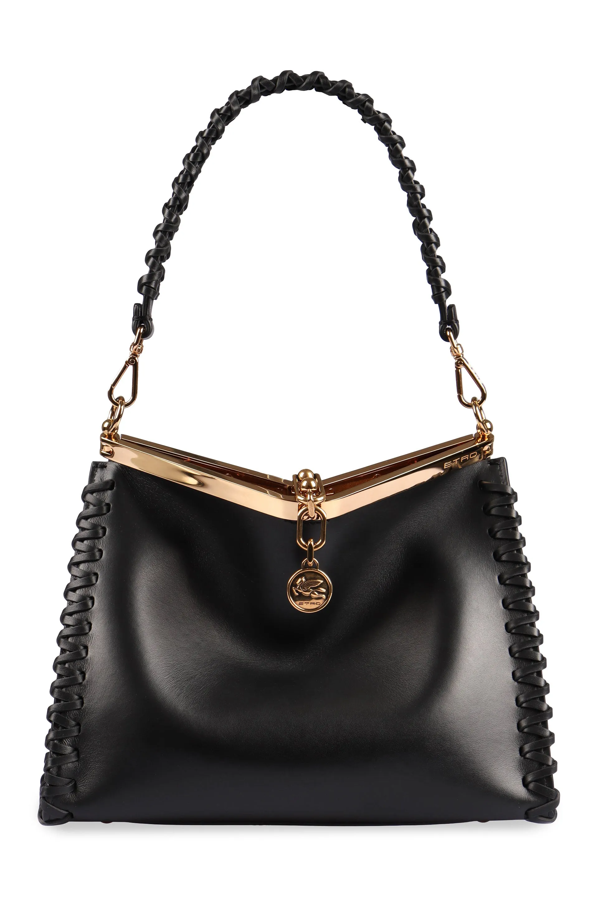 ETRO Smooth Black Calfskin Leather Shoulder Bag with Gold-Tone Accents and Removable Strap, Medium 28cm