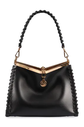 ETRO Smooth Black Calfskin Leather Shoulder Bag with Gold-Tone Accents and Removable Strap, Medium 28cm