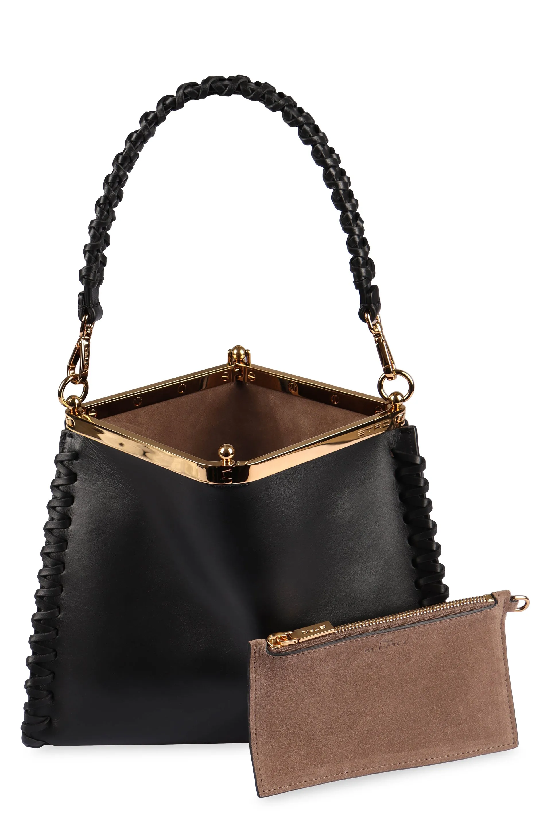 ETRO Smooth Black Calfskin Leather Shoulder Bag with Gold-Tone Accents and Removable Strap, Medium 28cm