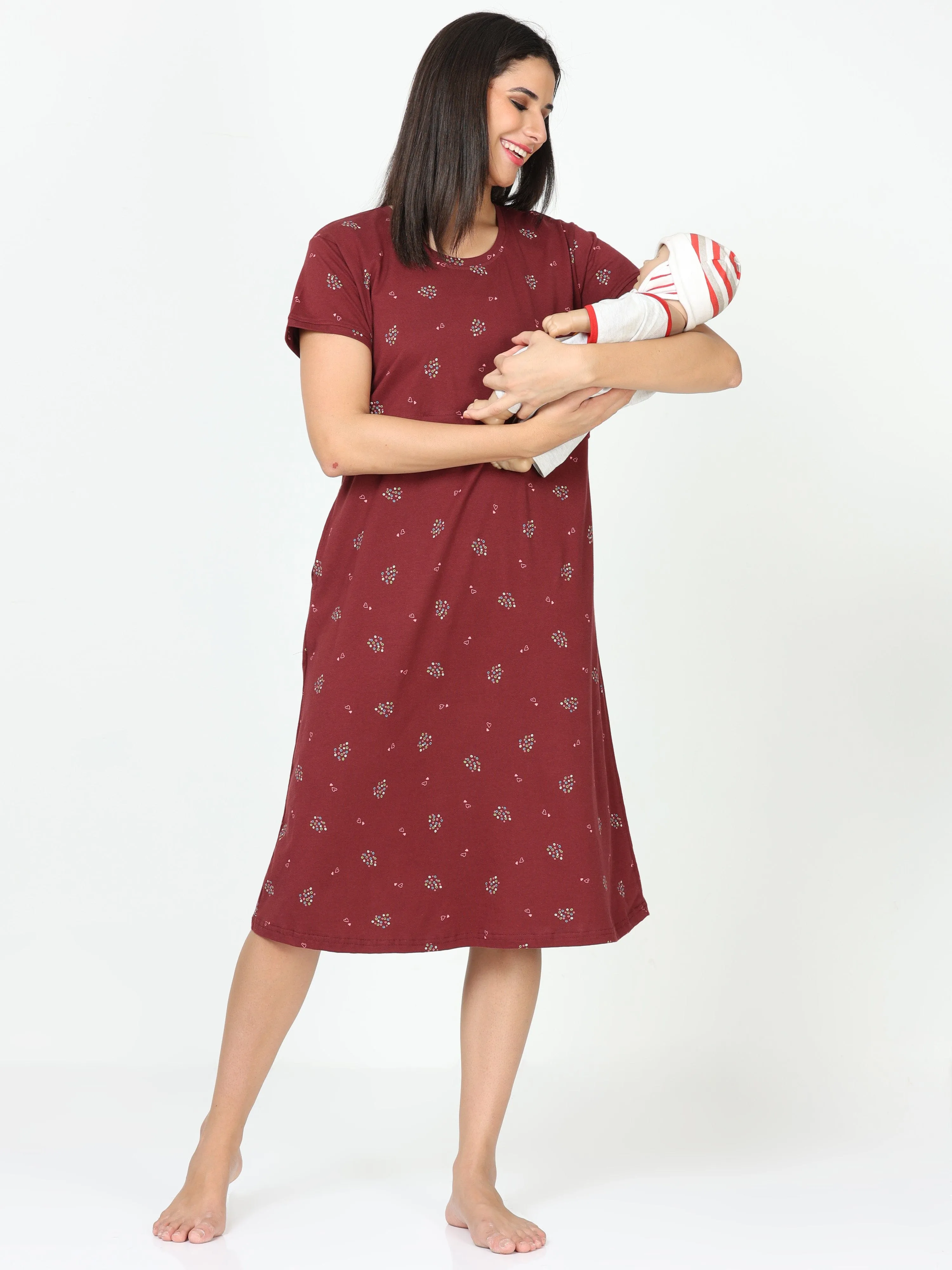 Hosiery Cotton Maternity Nighty | Marron