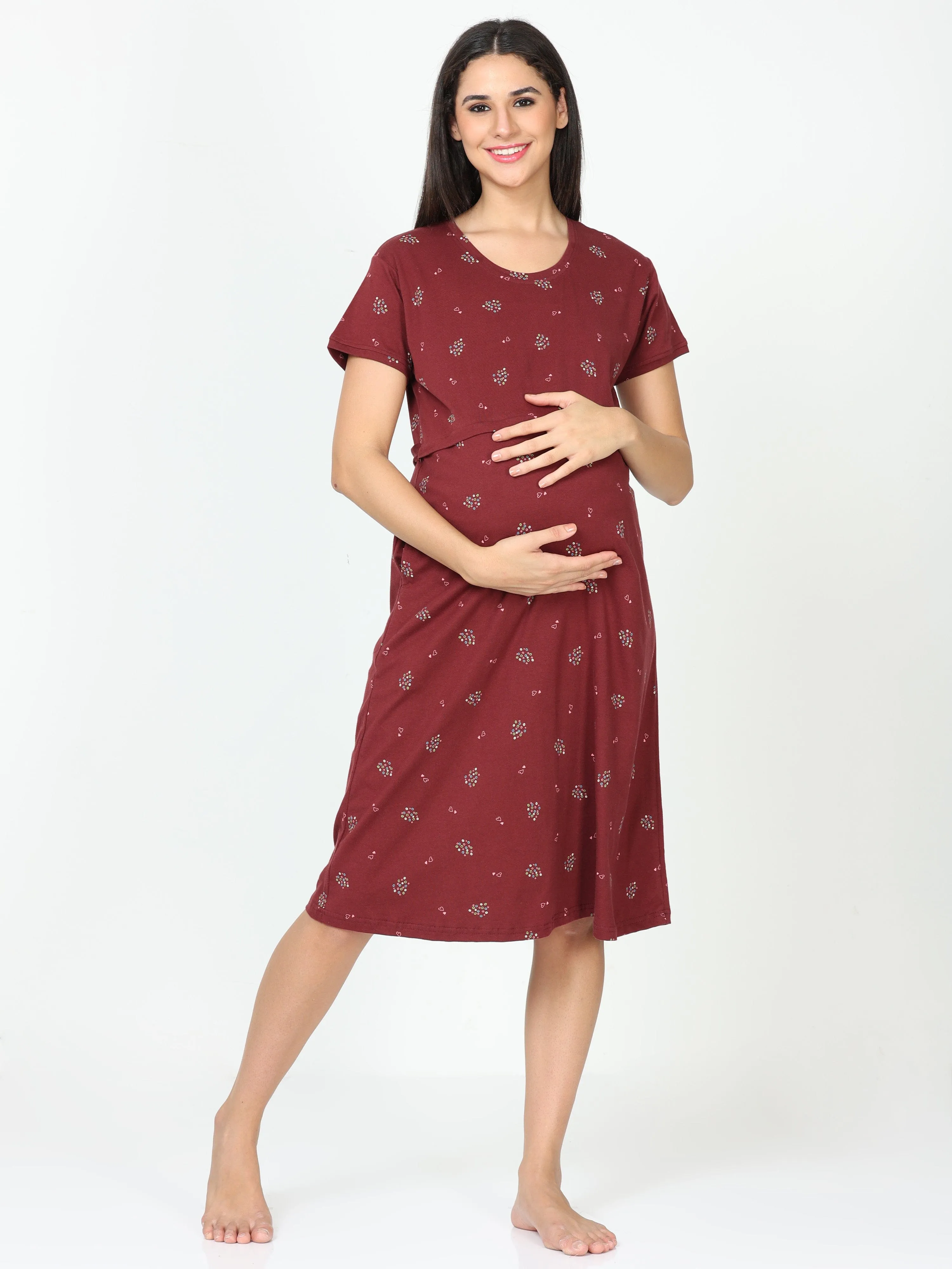 Hosiery Cotton Maternity Nighty | Marron