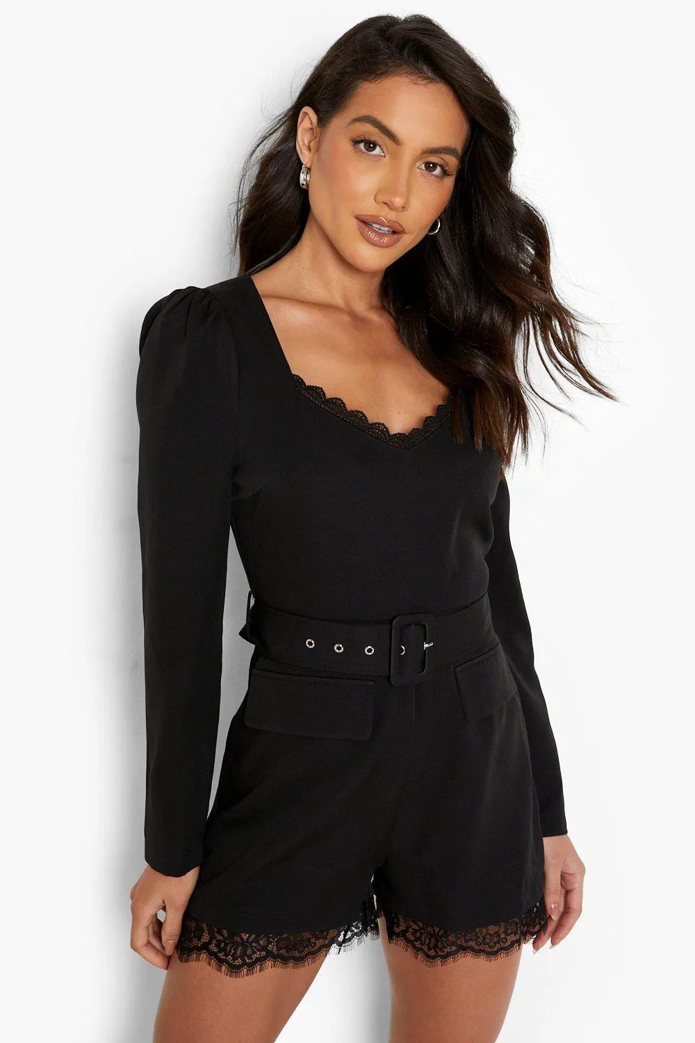 Lace Trim Puff Sleeve Belted Romper