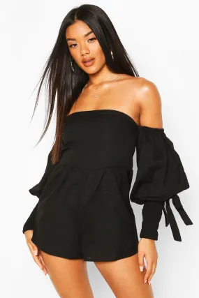 Linen Off Shoulder Shirred Sleeve Romper