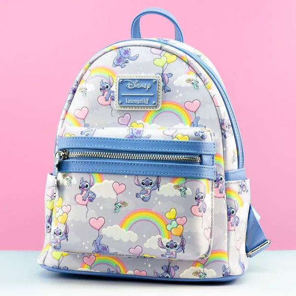 Loungefly x Disney Stitch Rainbows and Heart Balloons All Over Print Mini Backpack