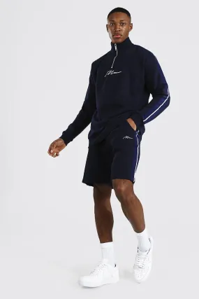 Man Signature Half Zip Tape Short Tracksuit | boohooMAN UK