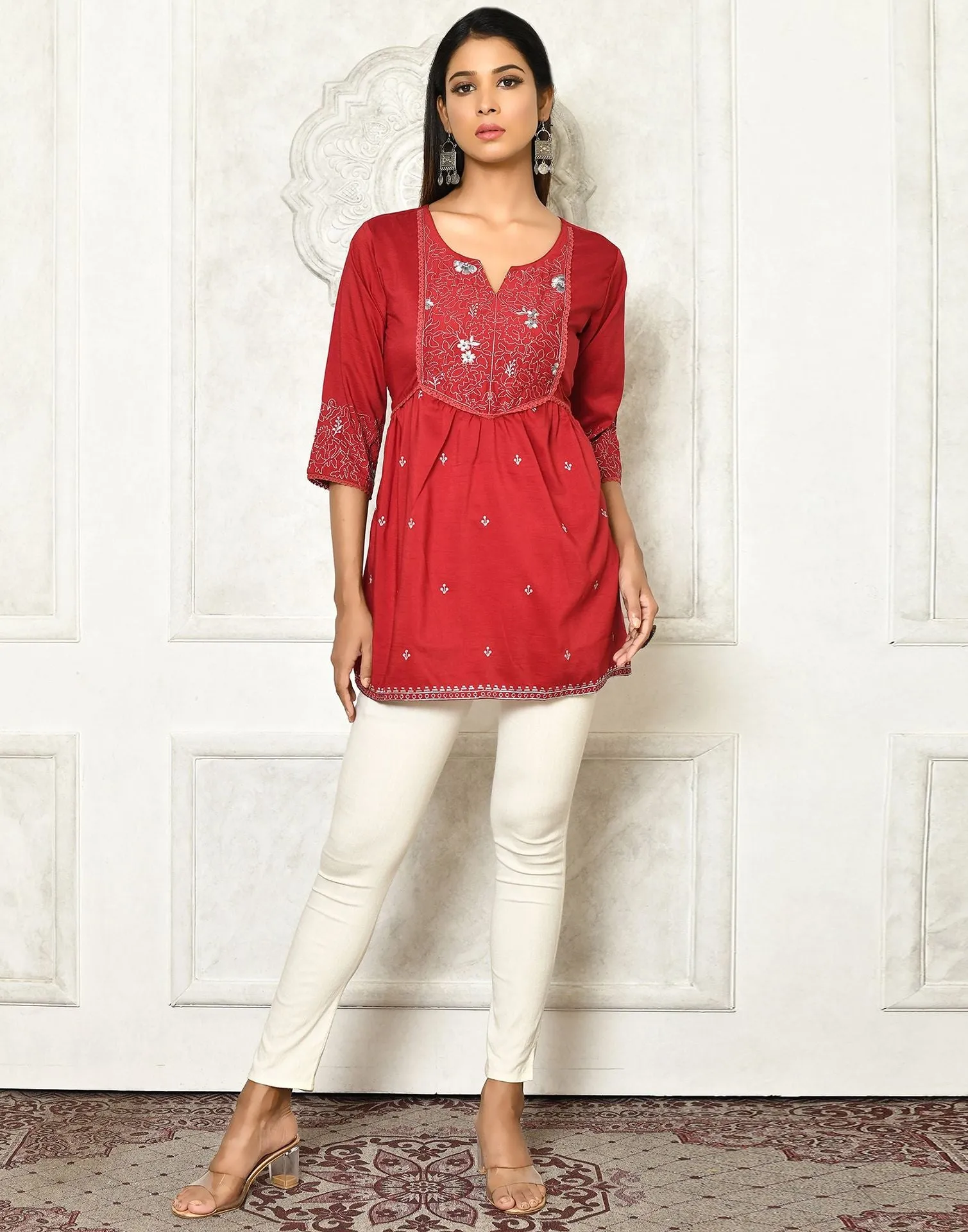 Maroon Viscose Embroidery Tunic Top