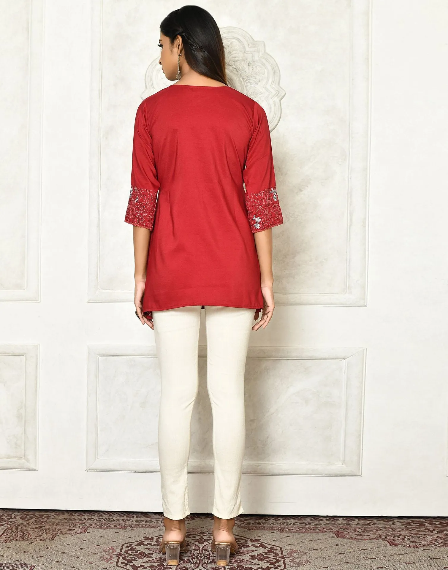 Maroon Viscose Embroidery Tunic Top