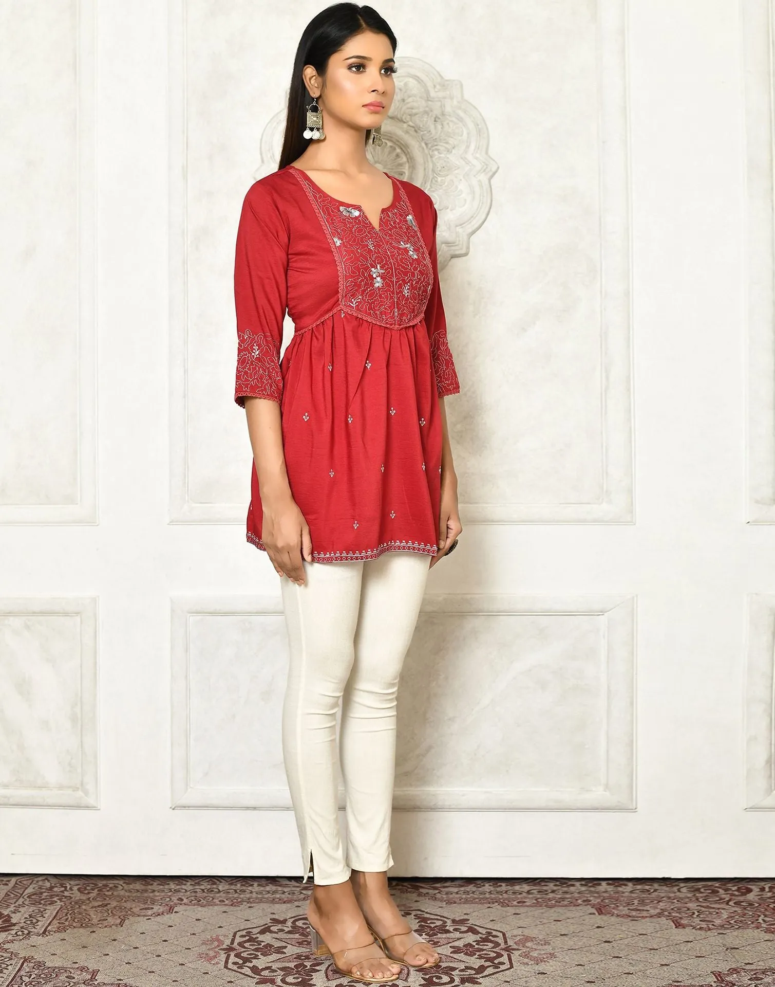 Maroon Viscose Embroidery Tunic Top